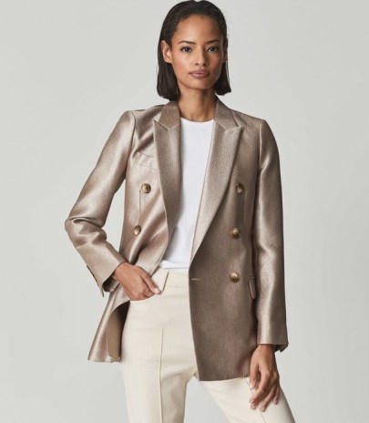 REISS MIMI METALLIC DOUBLE BREASTED BLAZER GOLD – luxe blazers – womens evening occasion jackets - flipped