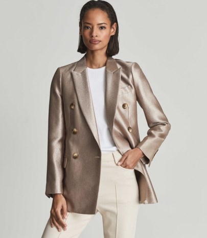 REISS MIMI METALLIC DOUBLE BREASTED BLAZER GOLD – luxe blazers – womens evening occasion jackets