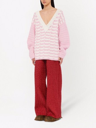 Miu Miu two-tone V-neck jumper petal pink ~ slouchy drop shoulder jumpers with plunging neckline