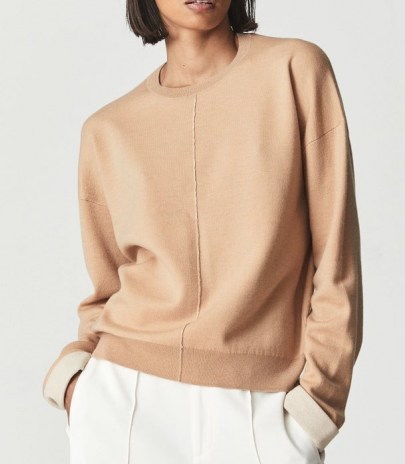 Reiss MOLLY DOUBLE FACED WOOL BLEND JUMPER PEACH | boxy relaxed fit crew neck sweaters | womens casual luxe jumpers | women’s chic knitwear - flipped