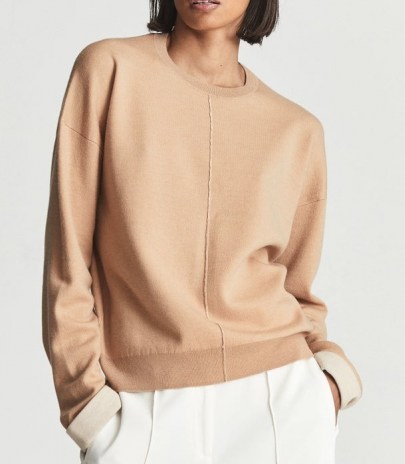 Reiss MOLLY DOUBLE FACED WOOL BLEND JUMPER PEACH | boxy relaxed fit crew neck sweaters | womens casual luxe jumpers | women’s chic knitwear