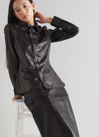 L.K. BENNETT MONMOUTH BLACK LEATHER SHIRT ~ luxe fashion ~ womens fitted style shirts - flipped