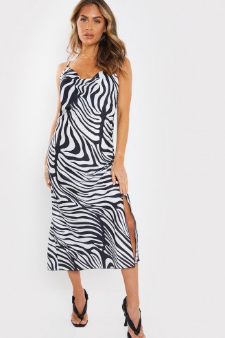 IN THE STYLE MONOCHROME ZEBRA SATIN COWL NECK SLIP DRESS – strappy animal print dresses