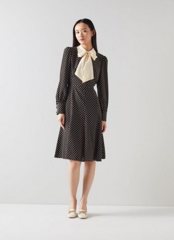 L.K. BENNETT MOORE BLACK WHITE SILK DRESS / long sleeve polka dot print pussy bow dresses / luxe vintage style spot print dresses