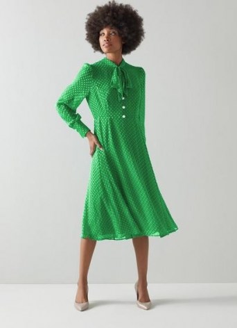 L.K. BENNETT MORTIMER GREEN SILK-BLEND SELF-SPOT DRESS / vintage inspired polka dot dresses