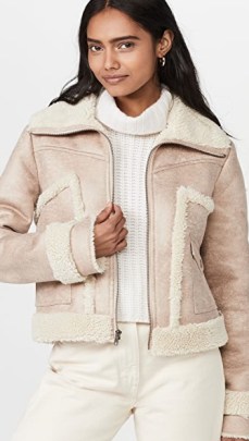 MOTHER The Patch Pocket Roamer Jacket in Lucky Penny – faux suede winter jackets ~ womens luxe style faux shearling trimmed outerwear - flipped