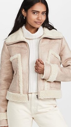 MOTHER The Patch Pocket Roamer Jacket in Lucky Penny – faux suede winter jackets ~ womens luxe style faux shearling trimmed outerwear