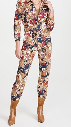 MOTHER The Puffy Wrapper Jumpsuit Flowers in Her Hair / floral denim jumpsuits