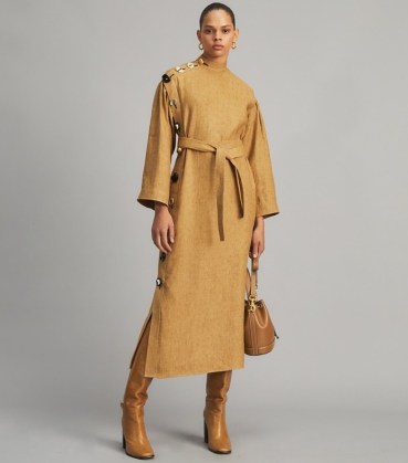 TORY BURCH MULTI-BUTTON LINEN DRESS in Honey Wheat ~ chic contemporary dresses ~ autumn designer fashion - flipped