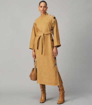 TORY BURCH MULTI-BUTTON LINEN DRESS in Honey Wheat ~ chic contemporary dresses ~ autumn designer fashion