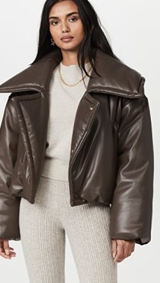 Nanushka Jamie Coat in Shiitake ~ brown faux leather oversized collar jackets ~ womens cropped winter coats ~ women’s on trend outerwear - flipped