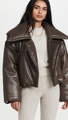 Nanushka Jamie Coat in Shiitake ~ brown faux leather oversized collar jackets ~ womens cropped winter coats ~ women’s on trend outerwear