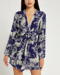RIVER ISLAND Navy printed tie front mini dress / blue floral and bird print dresses