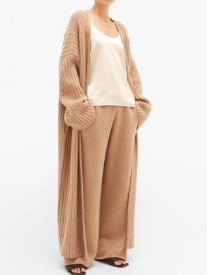 RAEY Belted ribbed-knit cashmere maxi cardigan in camel | womens oversized drop shoulder tie waist cardigans | women’s light brown slouchy knits | GOTS Scope-certified clothing | organic knitwear - flipped