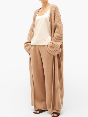 RAEY Belted ribbed-knit cashmere maxi cardigan in camel | womens oversized drop shoulder tie waist cardigans | women’s light brown slouchy knits | GOTS Scope-certified clothing | organic knitwear