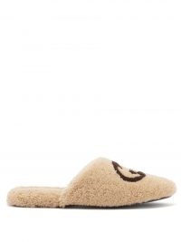 GUCCI Eileen GG cream faux-shearling slippers | womens luxe front logo designer flats | women’s fluffy textured flat slipper shoes