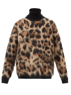 DOLCE & GABBANA Roll-neck leopard-jacquard knit sweater / womens’d fluffy relaxed fit high neck sweaters / animal print knitwear - flipped