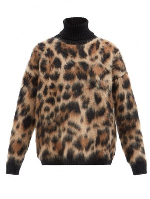 DOLCE & GABBANA Roll-neck leopard-jacquard knit sweater / womens’d fluffy relaxed fit high neck sweaters / animal print knitwear