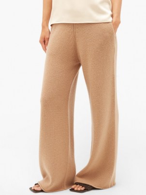 RAEY Wide-leg knitted cashmere trousers in camel ~ luxe light brown relaxed stockinette knit trousers ~ organic loungewear ~ GOTS Scope-certified lounge fashion