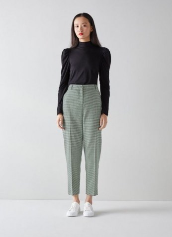 L.K. BENNETT NINA GREEN AND CREAM DOGTOOTH TAILORED TROUSERS / womens houndstooth check print ankle grazers