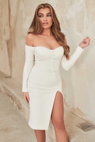 lavish alice off shoulder buttoned midi dress in white – bardot thigh high slit dresses – glamorous going out fashion - flipped
