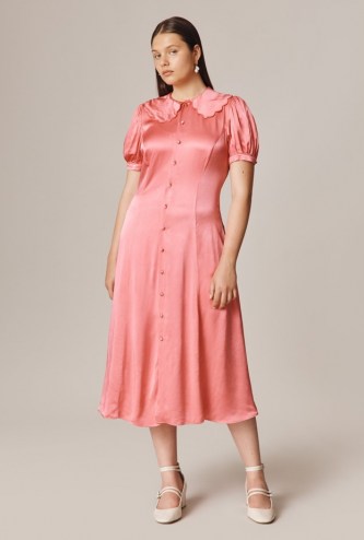 GHOST OLIVIA DRESS in Pink ~ vintage style short sleeve satin dresses ~ oversized scalloped collar - flipped