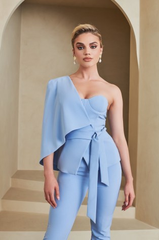 Lavish Alice one shoulder cape jacket in cornflower blue – contemporary asymmetric jackets ~ luxe style going out fashion
