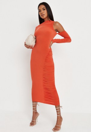 Missguided orange cold shoulder cut out ruched midaxi dress - flipped