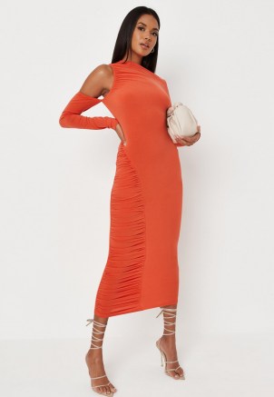 Missguided orange cold shoulder cut out ruched midaxi dress