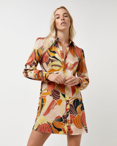 River Island Orange floral mini shirt dress | womens 70s retro fashion | 1970s inspired prints | womens vintage style clothing - flipped
