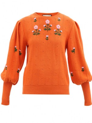 GUCCI Floral-embroidered wool-blend sweater in orange