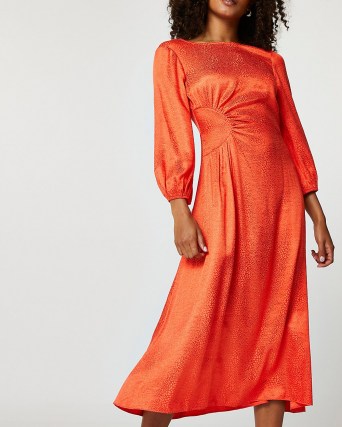 RIVER ISLAND Orange jacquard ruched maxi dress / bright side gathered dresses - flipped