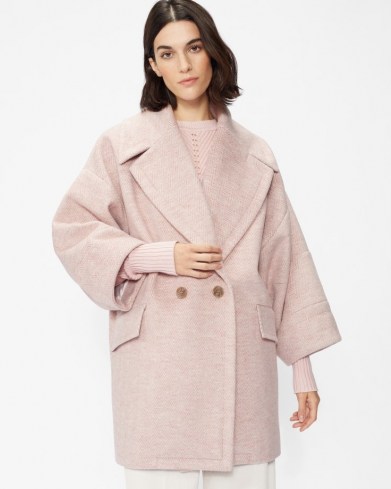 TED BAKER JJULIET Oversized cocoon coat Light Pink ~ womens herringbone weave coats - flipped