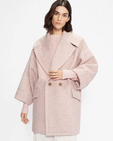 TED BAKER JJULIET Oversized cocoon coat Light Pink ~ womens herringbone weave coats