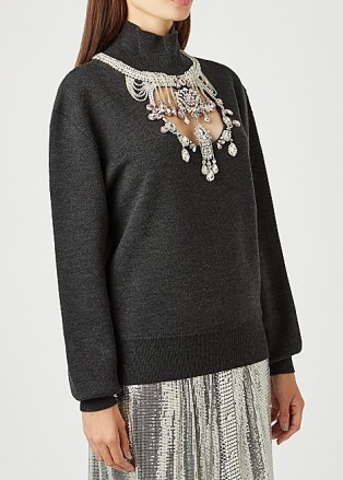 PACO RABANNE Grey crystal-embellished wool-blend jumper / necklace style high neck jumpers / glamorous knitwear / front cut out jumpers - flipped