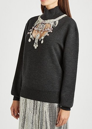 PACO RABANNE Grey crystal-embellished wool-blend jumper / necklace style high neck jumpers / glamorous knitwear / front cut out jumpers