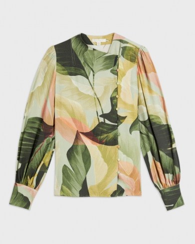 TED BAKER EMIILEE Palm print statement sleeve blouse / leaf print asymmetric front button blouses