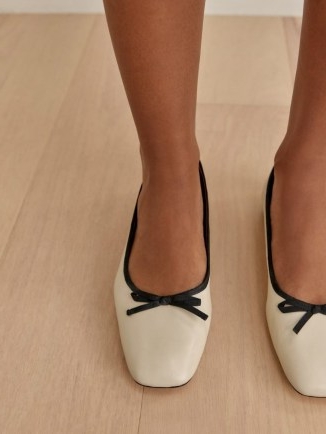 REFORMATION Paola Ballet Flat in Almond Black / square toe ballerina flats / classic front bow ballerinas