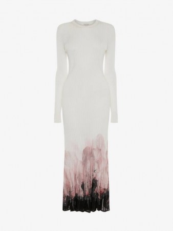 Alexander McQueen Paper Flower Engineered Knit Dress BLACK/WHITE/PINK | long sleeve crew neck knitted dresses | womens luxe knitwear - flipped