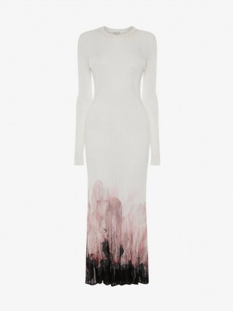 Alexander McQueen Paper Flower Engineered Knit Dress BLACK/WHITE/PINK | long sleeve crew neck knitted dresses | womens luxe knitwear