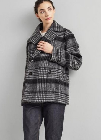 L.K. BENNETT PELUSO GREY CHECK WOOL-BLEND PEA COAT / womens double breasted wide collar coats / women’s checked autumn and winter outerwear - flipped