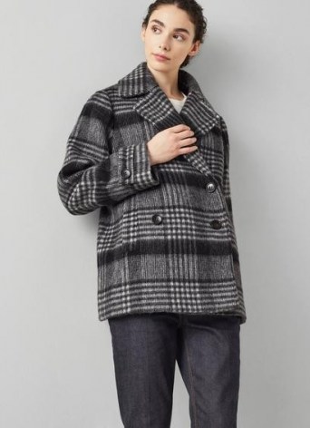 L.K. BENNETT PELUSO GREY CHECK WOOL-BLEND PEA COAT / womens double breasted wide collar coats / women’s checked autumn and winter outerwear