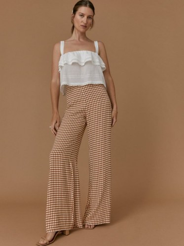 REFORMATION Petites Sorrenti Pant in Chestnut Check / womens brown checked wide leg trousers / women’s check print lightweight drapey crepe fabric pants / petite fashion
