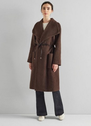 L.K. BENNETT PHOEBE BROWN WOOL-BLEND SHAWL COLLAR COAT ~ chic wide collar coats ~ womens autumn and winter classic style outerwear - flipped