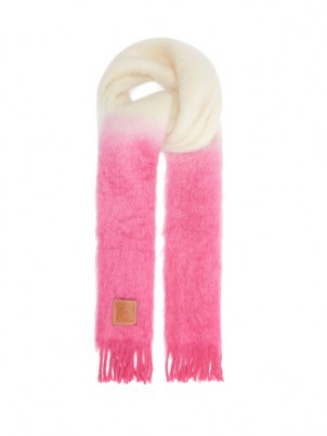 LOEWE Anagram-patch colour-block mohair-blend scarf in pink ~ womens fluffy luxe scarves ~ women’s winter accessories - flipped