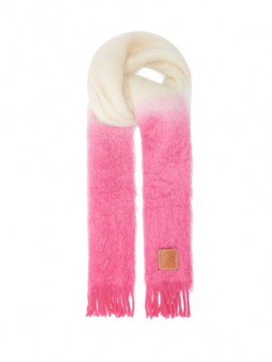 LOEWE Anagram-patch colour-block mohair-blend scarf in pink ~ womens fluffy luxe scarves ~ women’s winter accessories