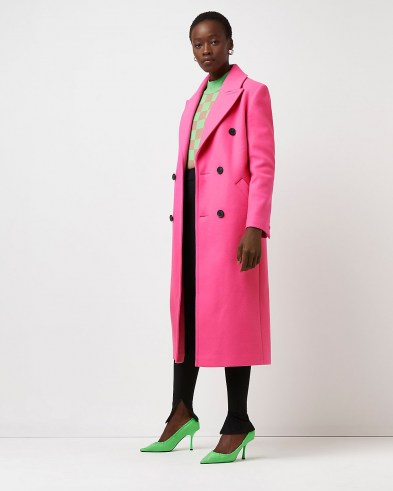RIVER ISLAND Pink belted double breasted coat – womens bright longline coats - flipped