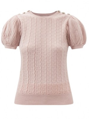 ERDEM Belva embellished cable-knit short-sleeved sweater | luxe pink puff sleeve sweaters | womens designer knitwear - flipped