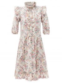 BATSHEVA Claude ruffled floral-print cotton-canvas dress – ruffle trimmed vintage style dresses – frill trim prairie inspired fashion