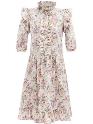 BATSHEVA Claude ruffled floral-print cotton-canvas dress – ruffle trimmed vintage style dresses – frill trim prairie inspired fashion - flipped